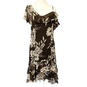 New‎ Colleen Lopez Midi Dress Size 8 Black Floral One Shoulder Hi-Lo Hem Ruffle